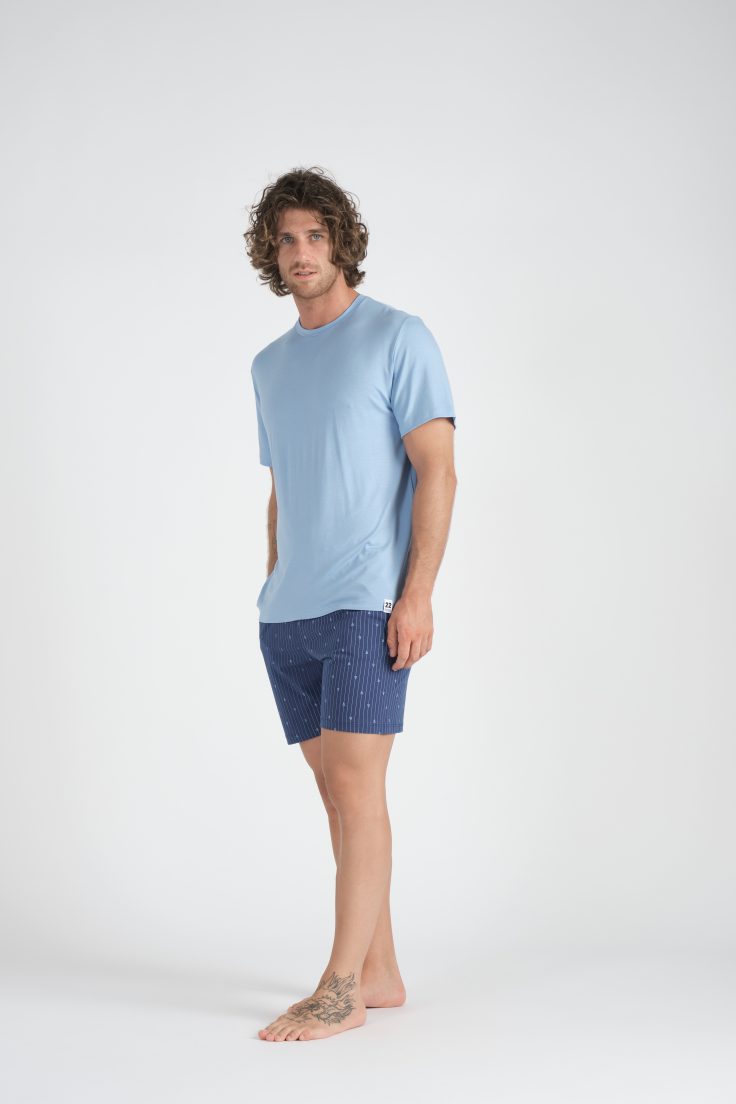 Pigiama Corto ,Maglia Mezza Manica ,Pantaloncino Fantasia Barchette Con Tasche, In Cotone