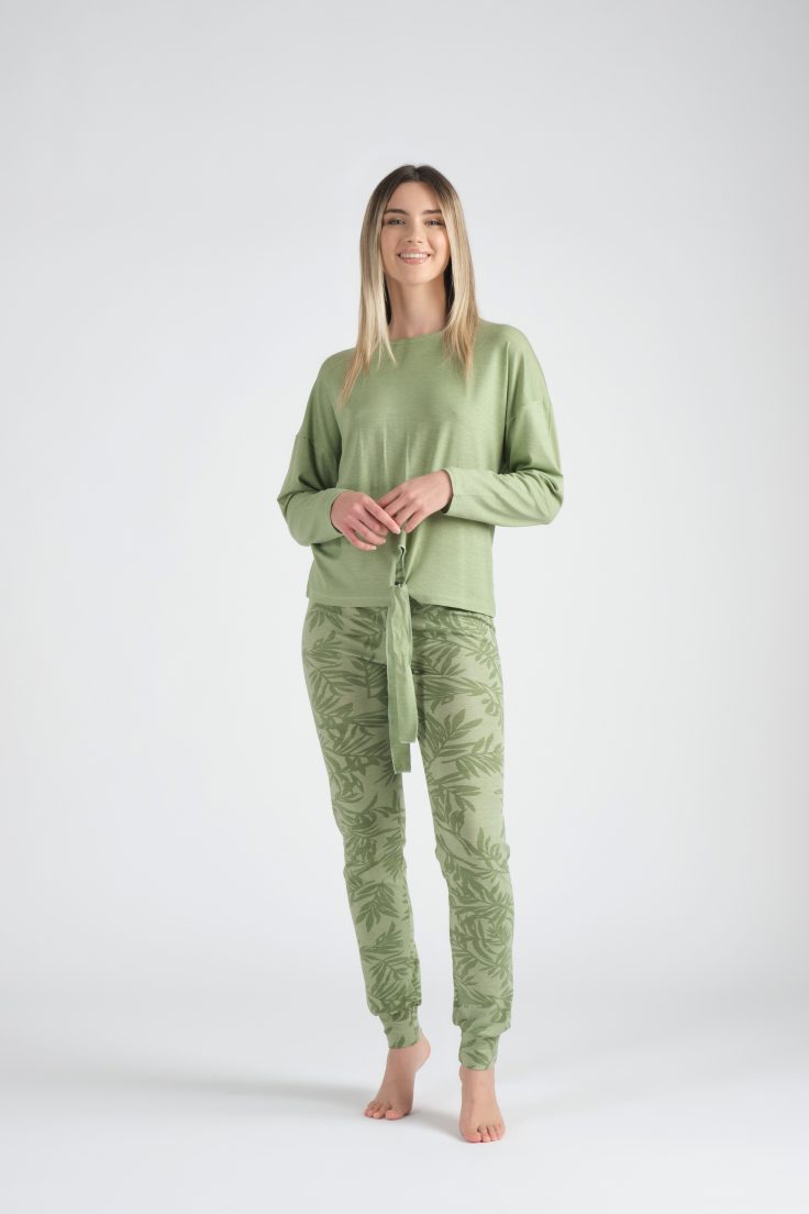 Pigiama Lungo , Maglia M/L Tinta Unita Con Nodo,Pantalone Fantasia Palme In Viscosa