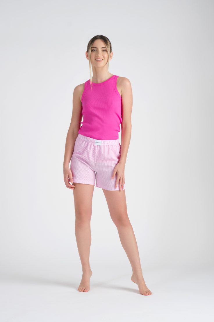 Pigiama Corto Spalla Larga Maglia In Costina ,Pantaloncino Fant.millerighe Effetto Tela